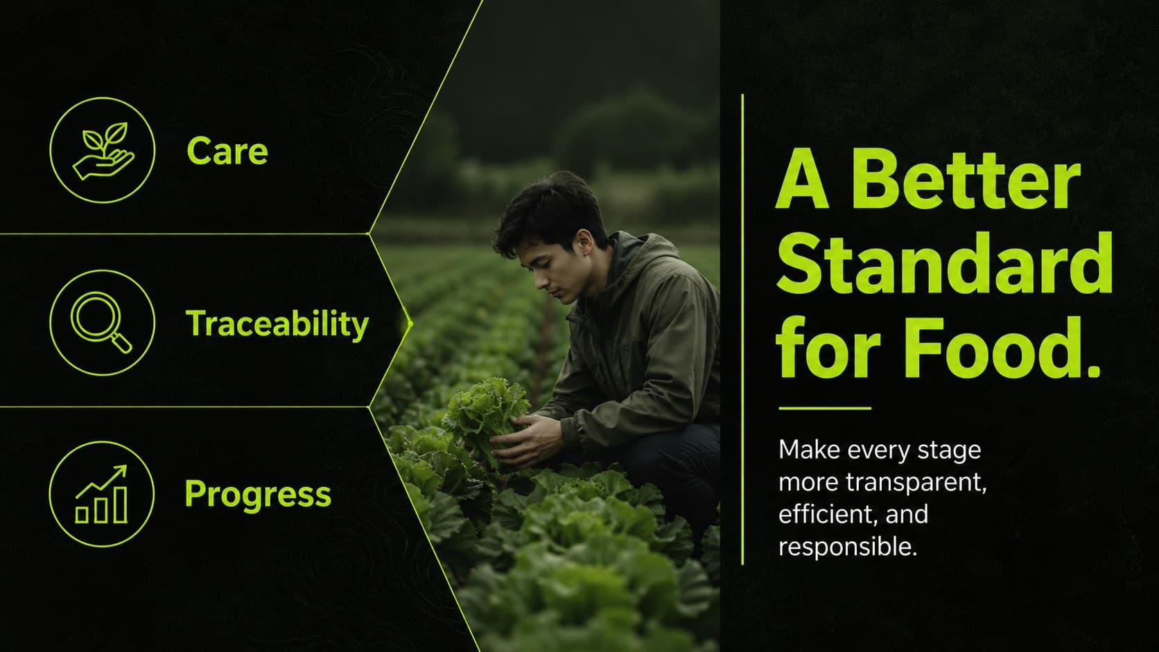 Mission and values slide for an agriculture company presentation with green visual accents.