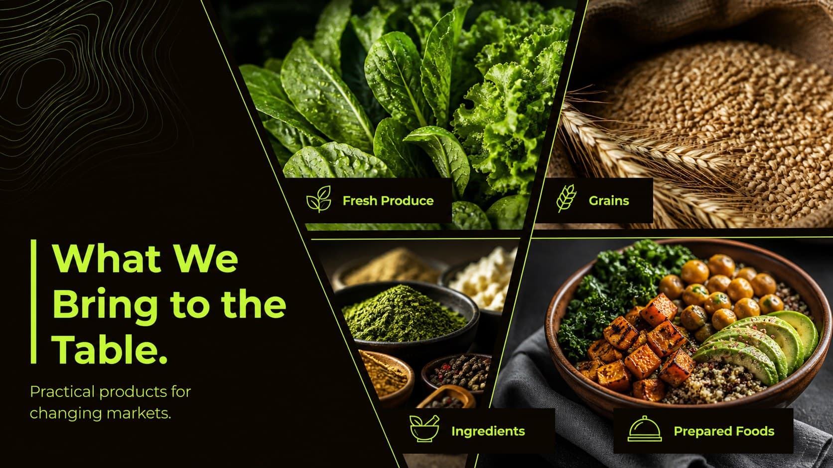 Food and crop portfolio slide displaying product categories in a modern business layout.