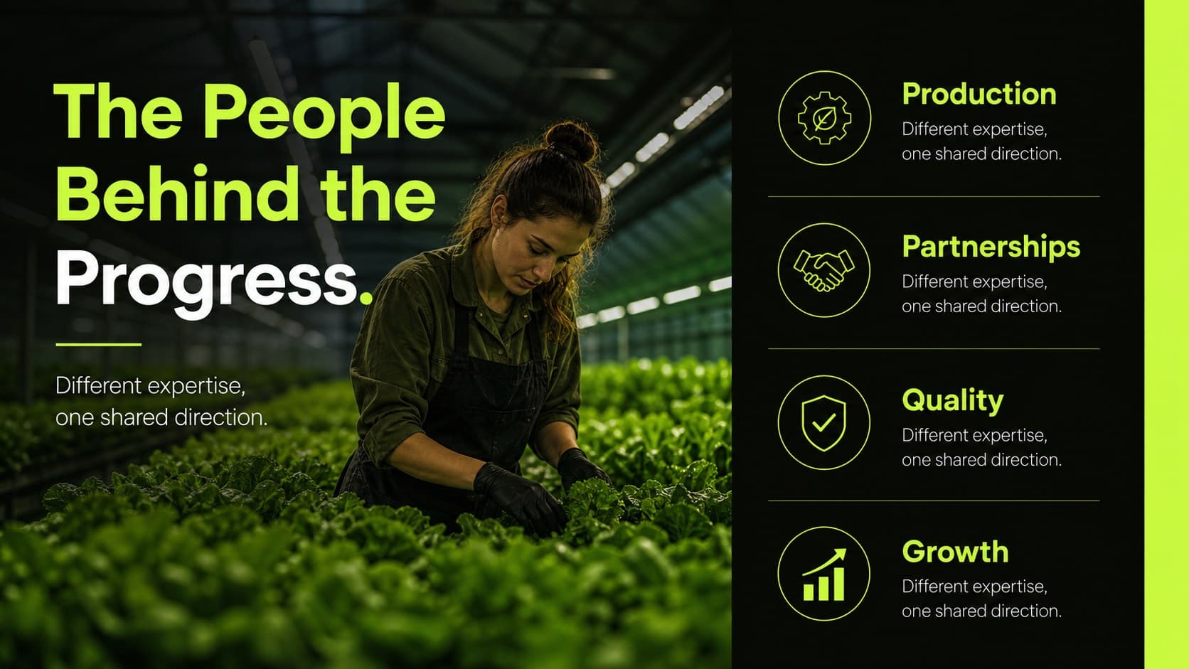 Agribusiness team slide introducing roles and expertise with editorial green and black styling.
