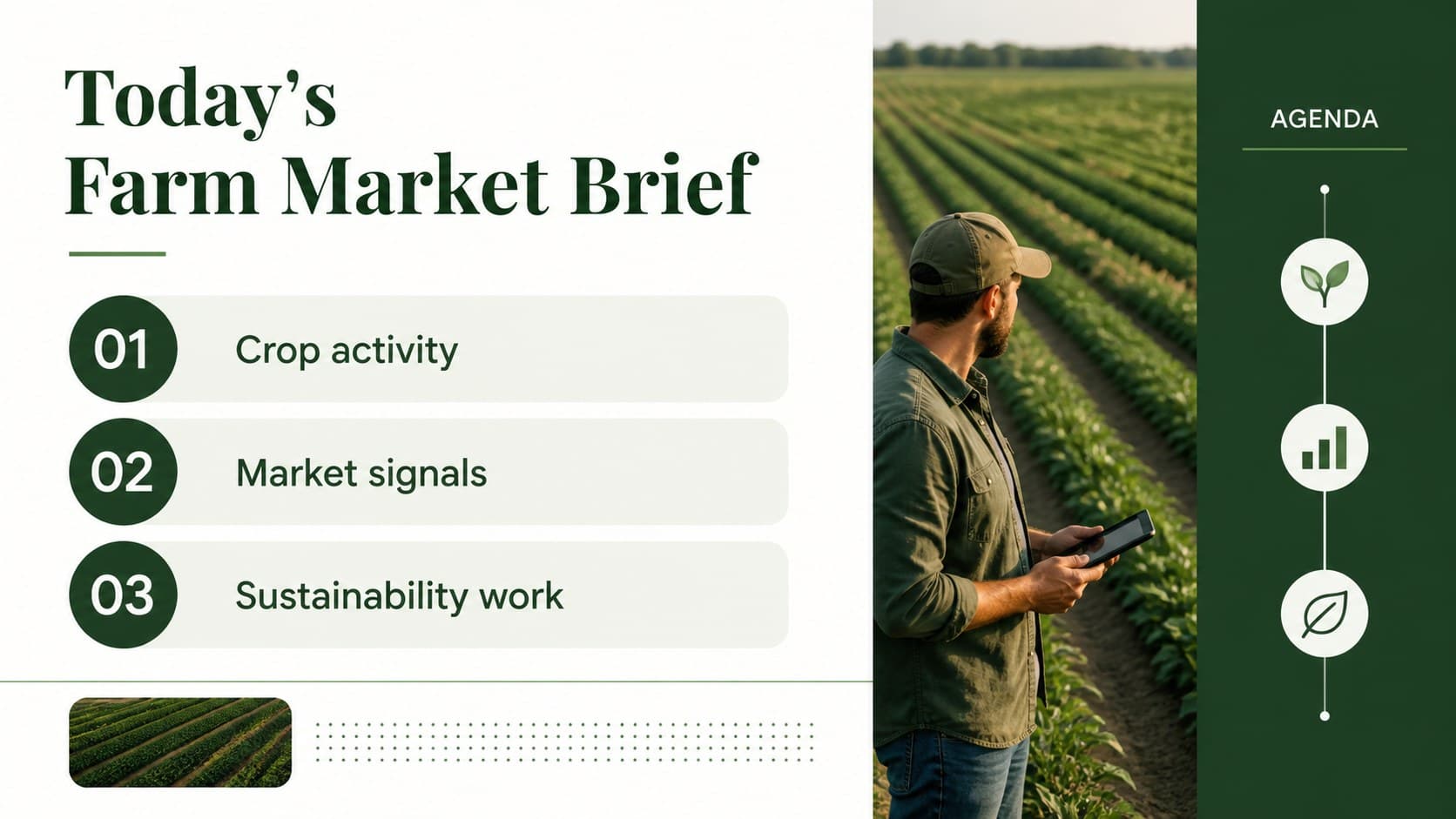 Agriculture bulletin agenda slide outlining crop activity, market signals, and farm initiatives.