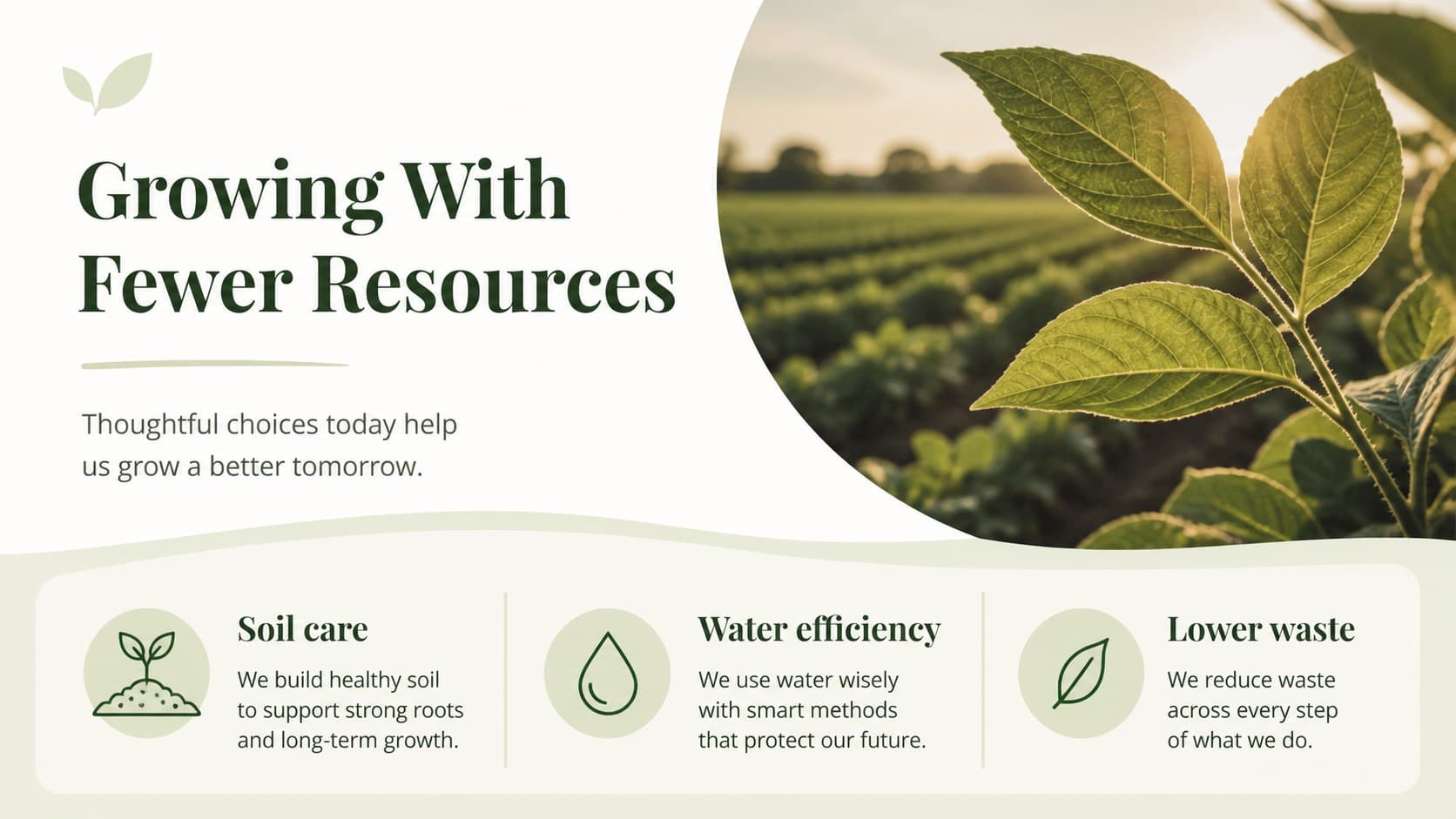 Sustainable farming business presentation slide highlighting soil care and resource efficiency.