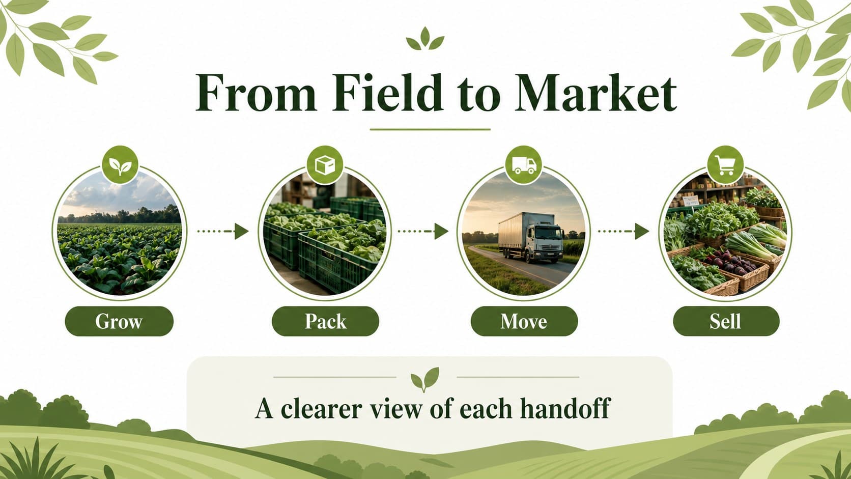 Food supply chain update slide mapping movement from farm production to market delivery.