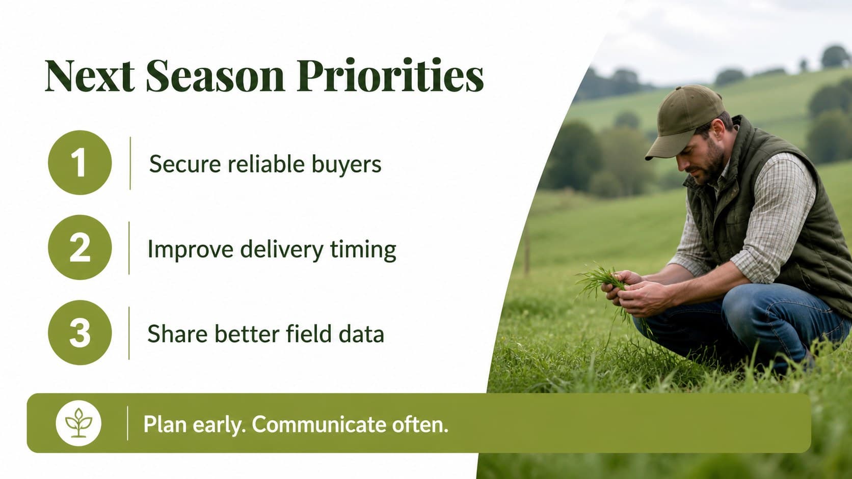 Farm cooperative presentation slide summarizing priorities for the next growing season.