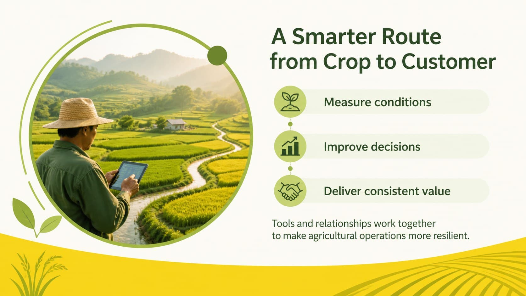 Agritech startup pitch presentation slide explaining the venture solution with a farm technology image.