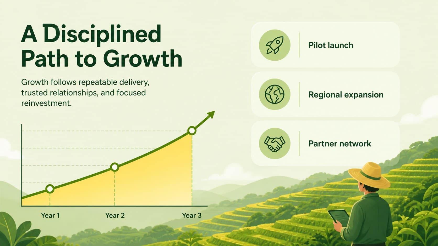 Crop market analysis presentation slide with a clean revenue growth chart and milestone markers.