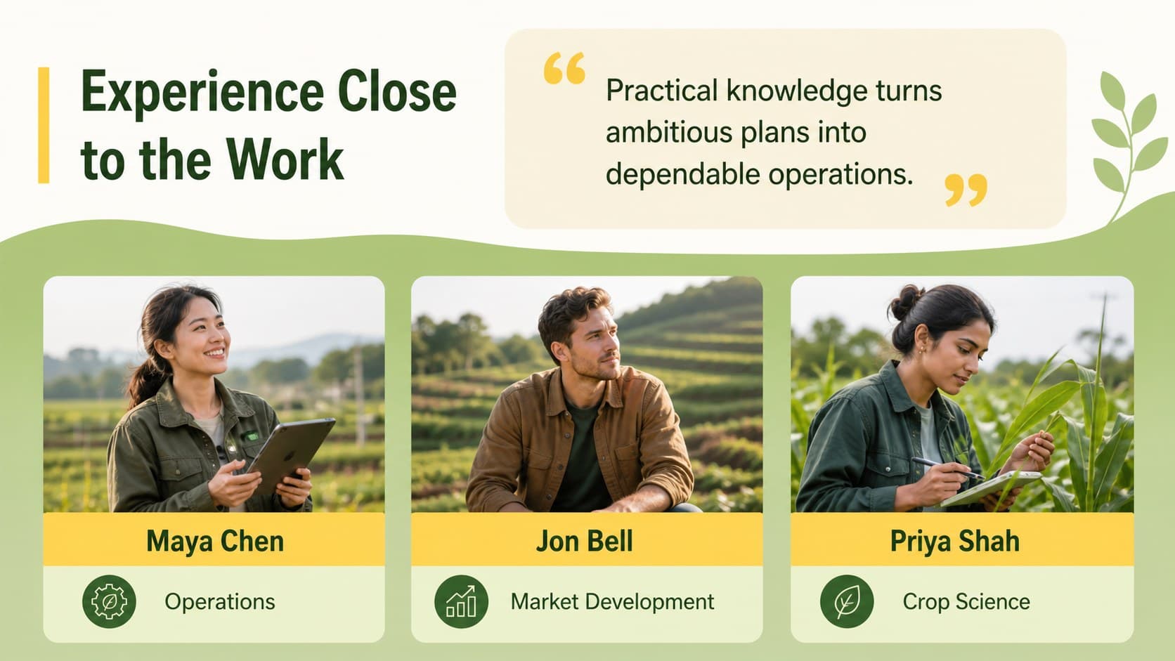Agricultural business investor presentation slide introducing the founding team and their field expertise.