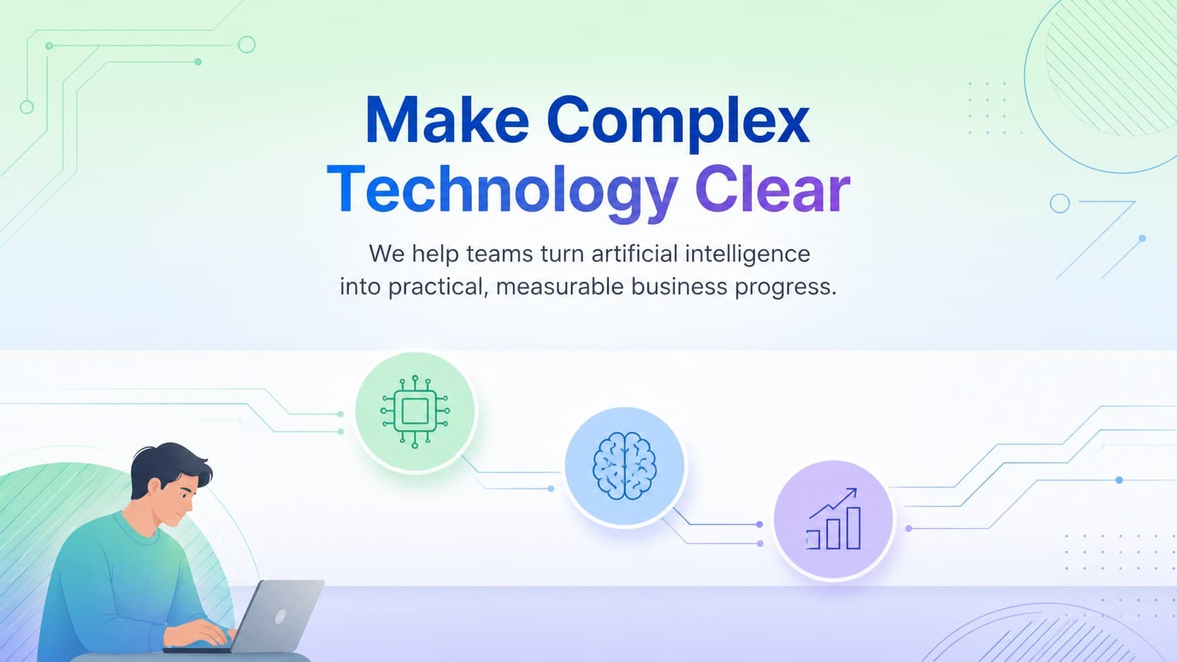 AI consulting presentation slide showing concise company positioning and service promise.