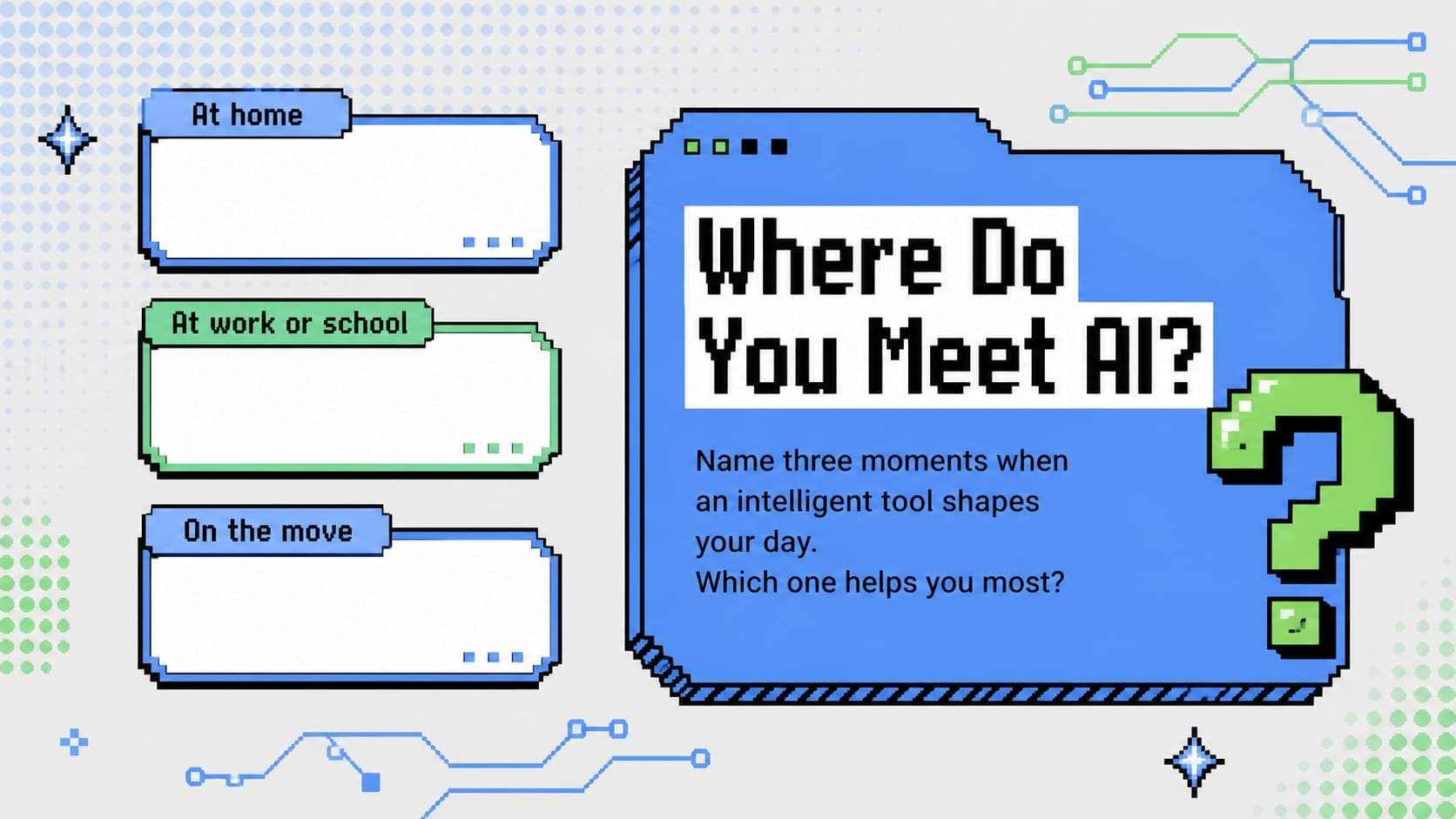 Retro AI discussion prompts presentation slide asking participants where artificial intelligence appears in daily life.