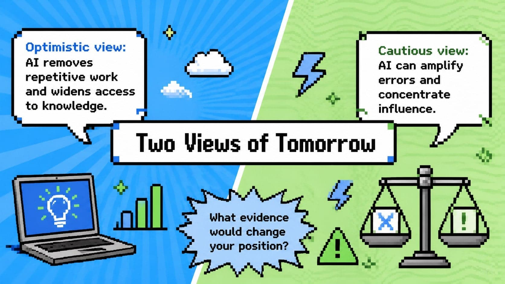Future of AI debate presentation slide contrasting optimistic and cautious views of intelligent technology.