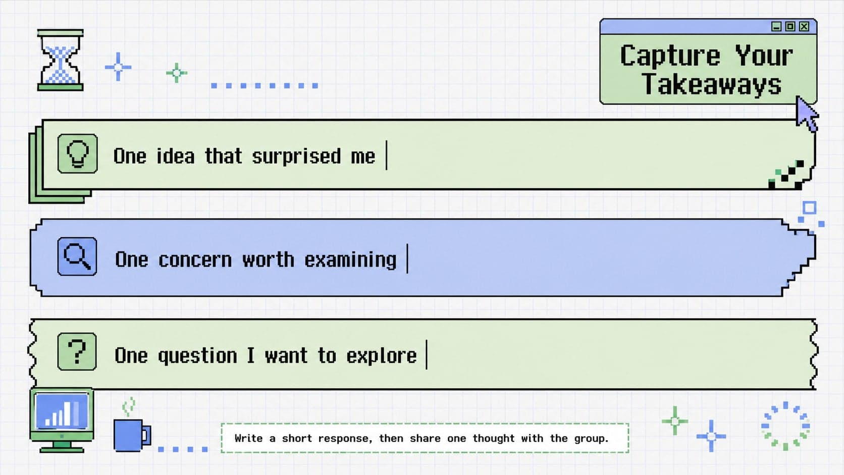 Artificial intelligence workshop reflection slide with areas for surprises, concerns, and questions to explore.