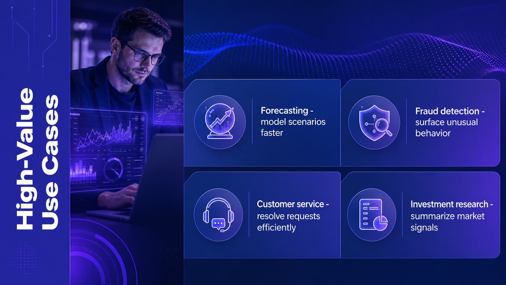 Financial AI use cases slide covering forecasting, fraud detection, service, and research.