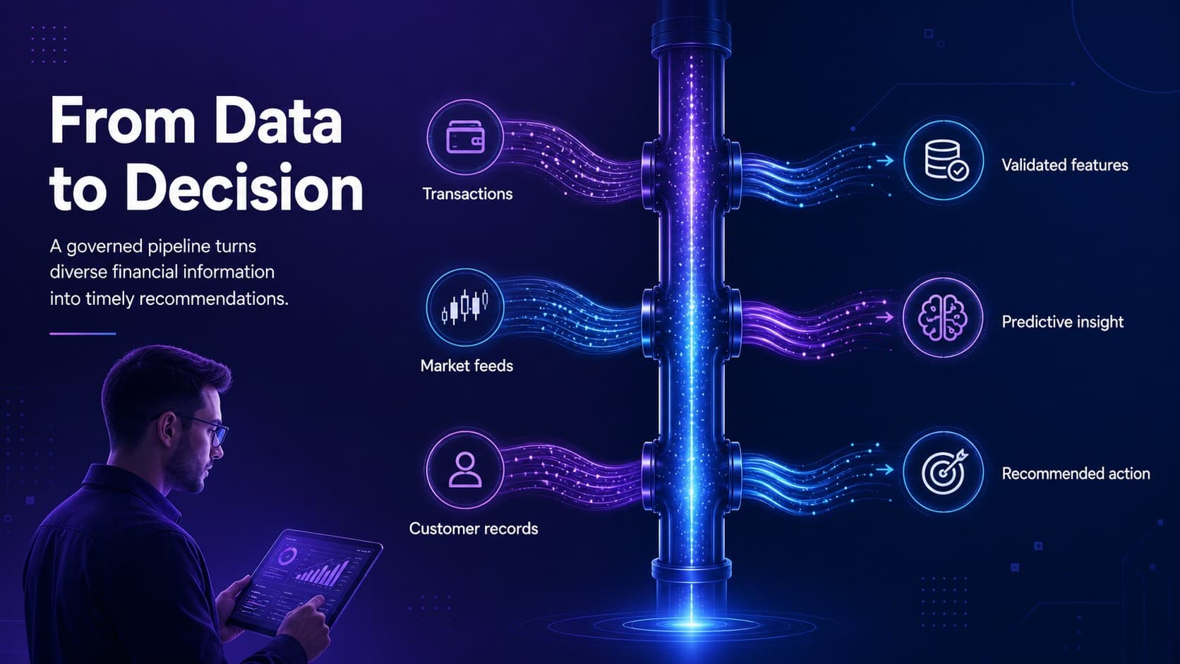 Financial data pipeline diagram for an AI finance strategy presentation.