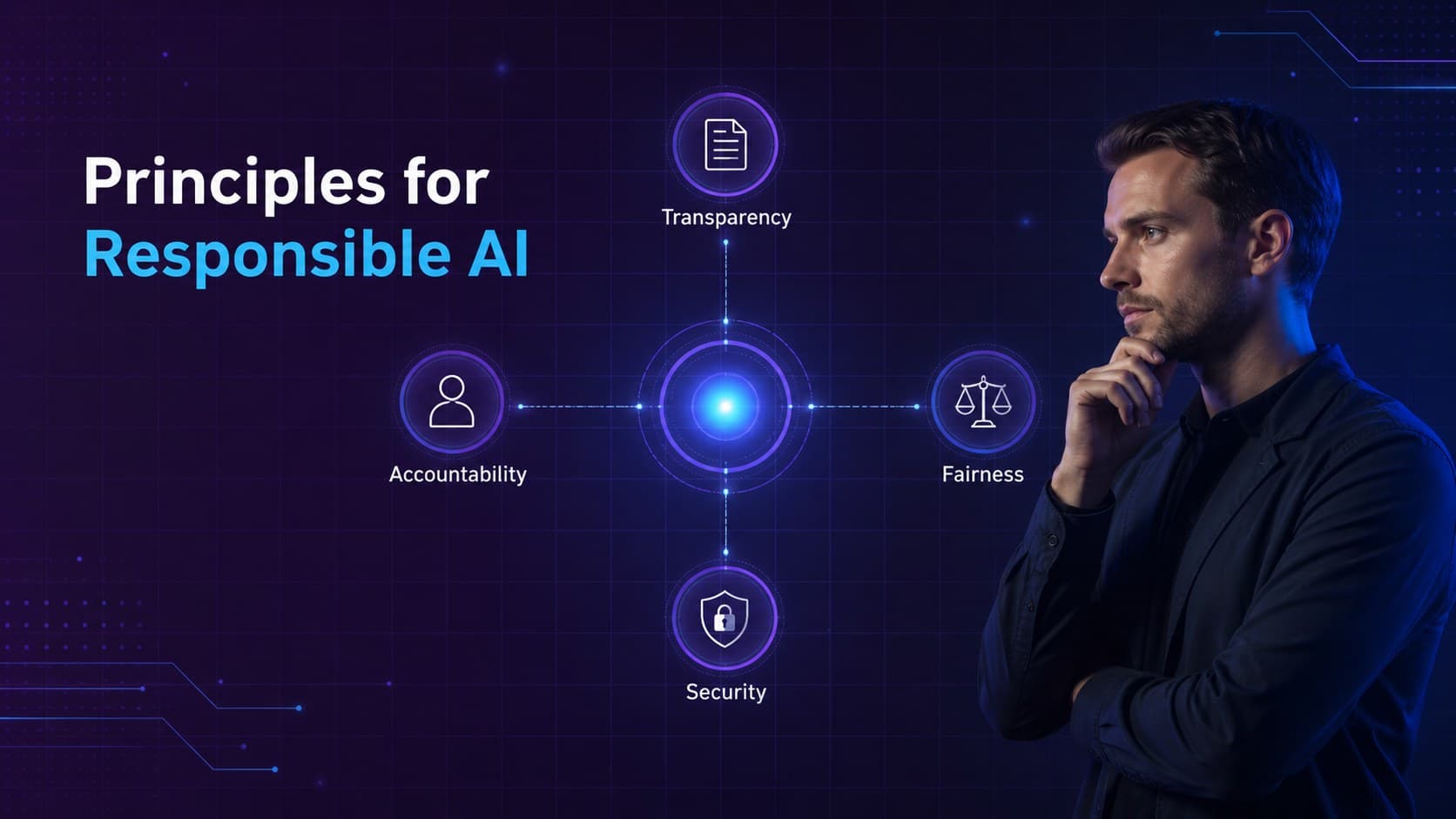 AI governance principles slide showing transparency, accountability, fairness, and security as connected priorities.