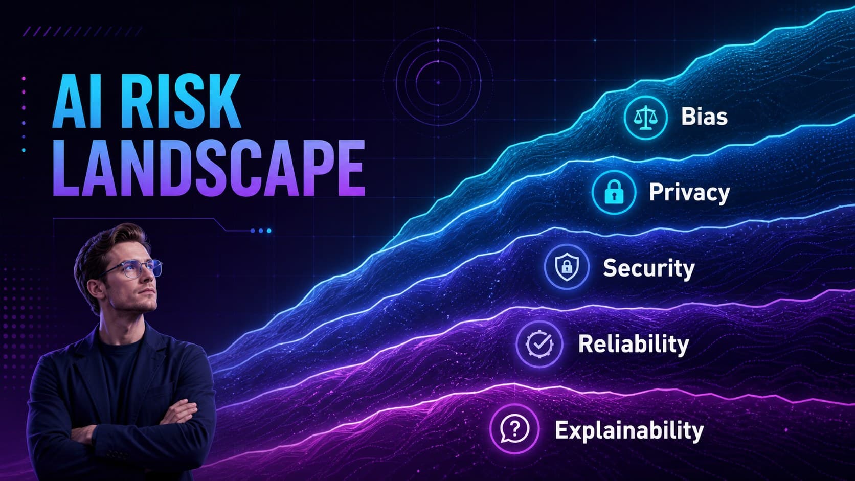 AI risk landscape slide comparing bias, privacy, security, reliability, and explainability concerns.