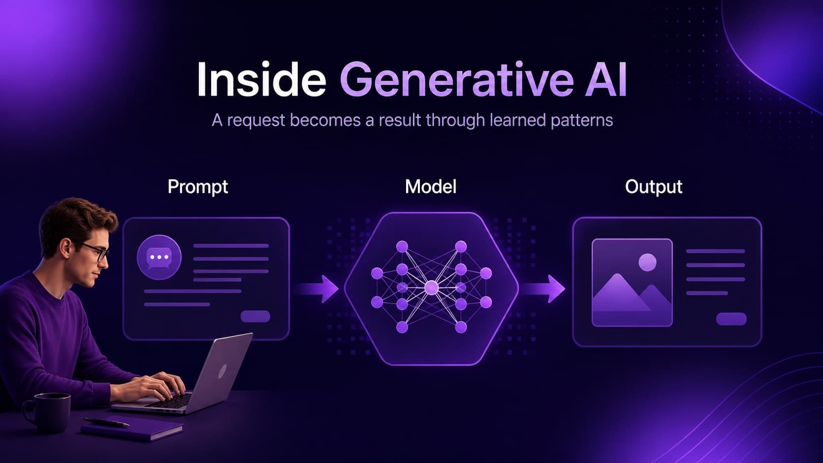 Generative AI explainer slide comparing prompts, models, and generated outputs in a purple visual system.