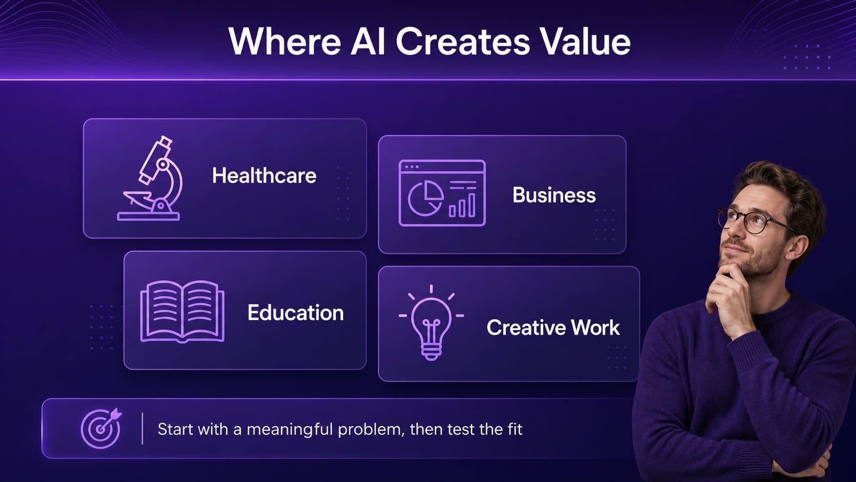 AI use cases slide presenting healthcare, business, education, and creative applications.