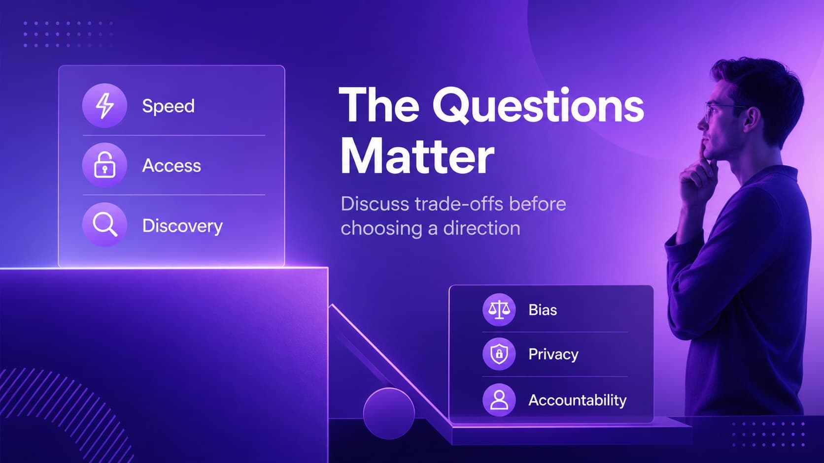 AI ethics discussion slide with contrasting benefits and risks for group workshop conversation.