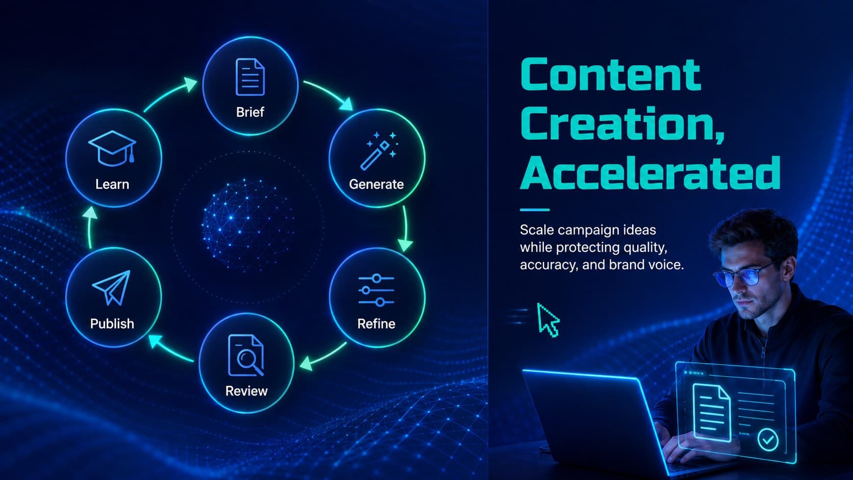 Generative AI content strategy slide showing a structured creation and review cycle.