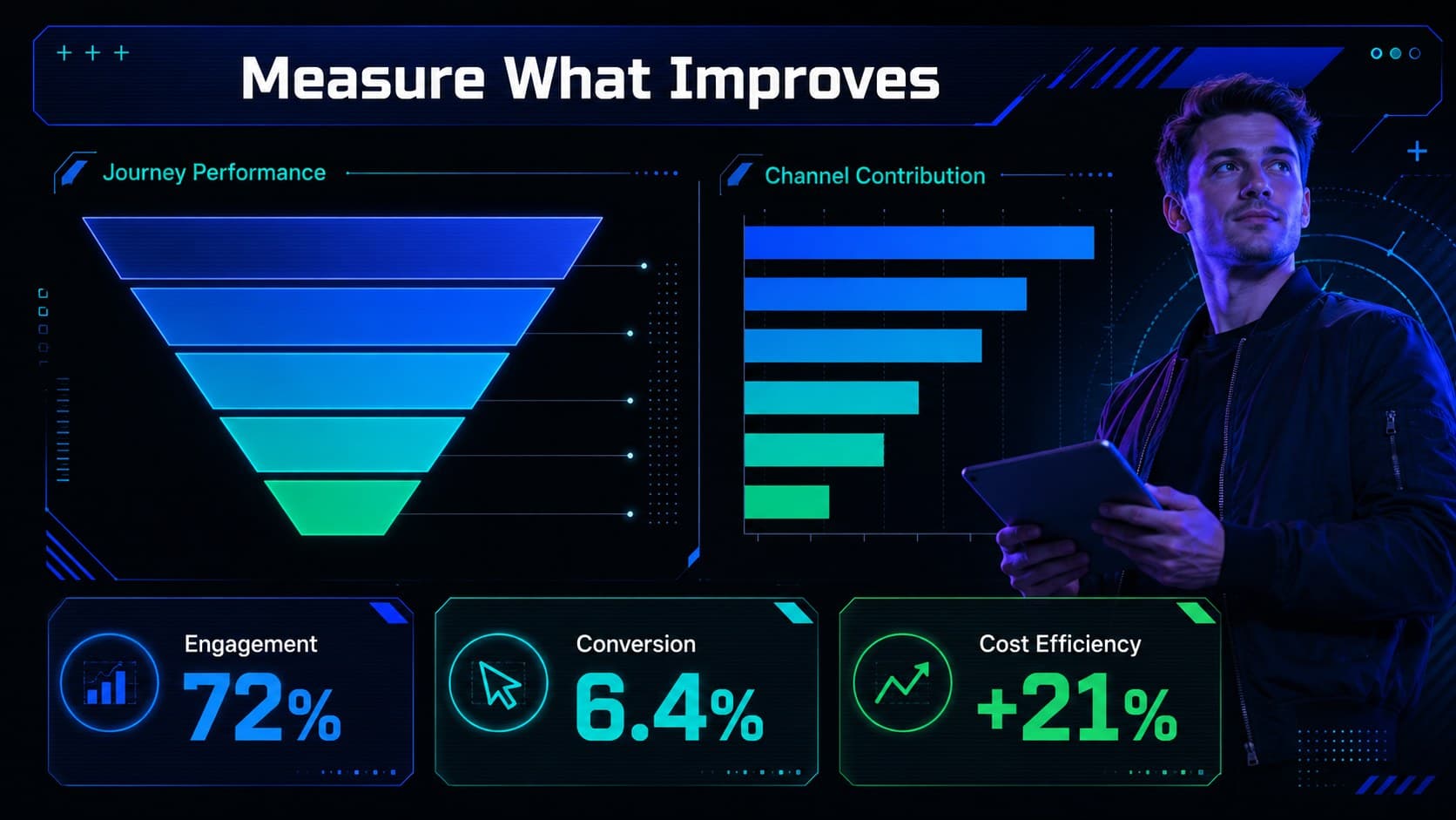AI campaign performance dashboard slide with conversion, engagement, and efficiency metrics.