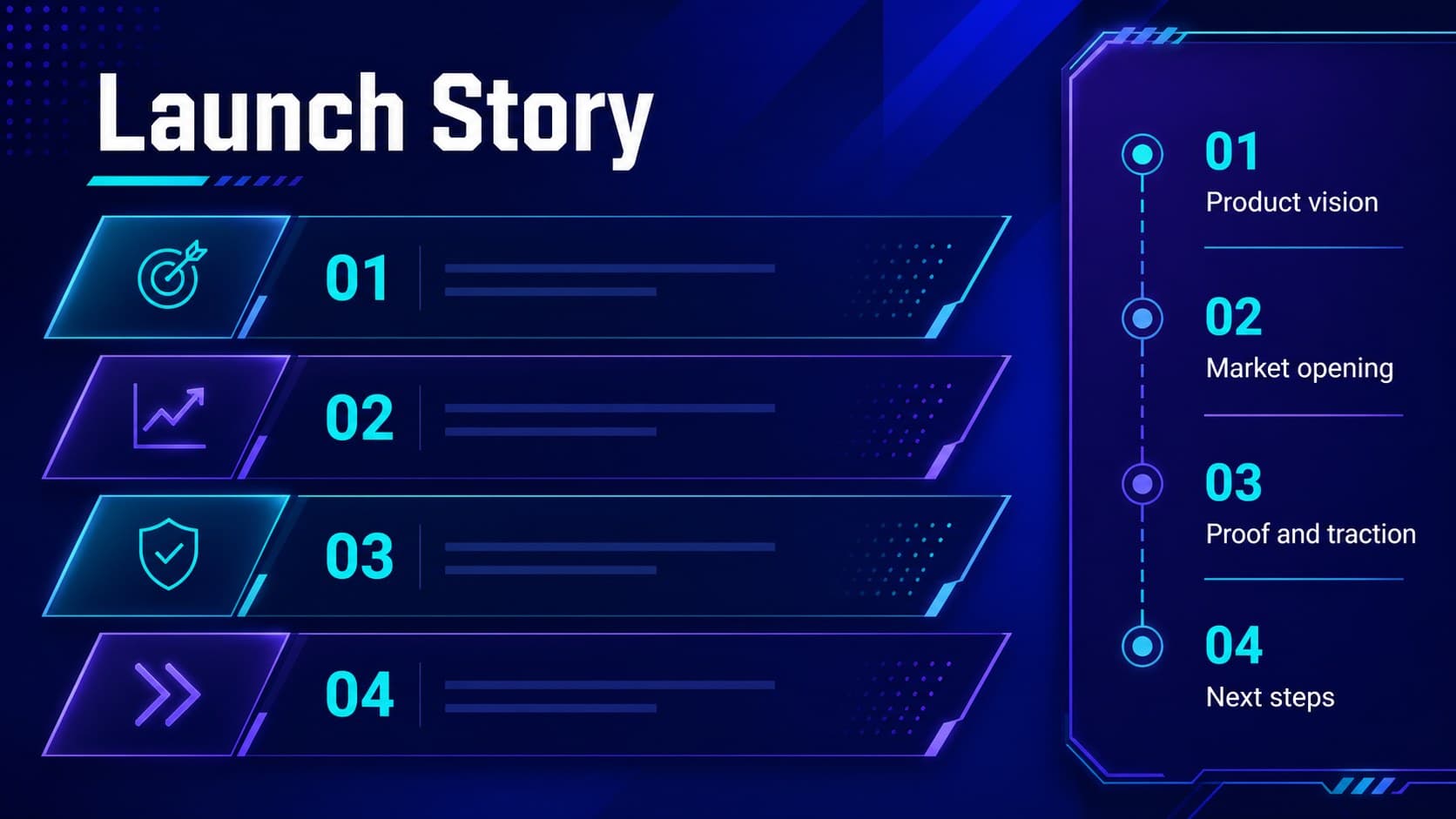 AI product launch presentation agenda slide showing the narrative structure for a technology deck.