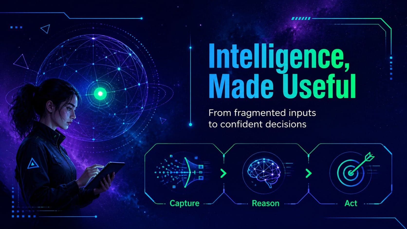 AI software product vision slide with a futuristic technology diagram and concise launch messaging.