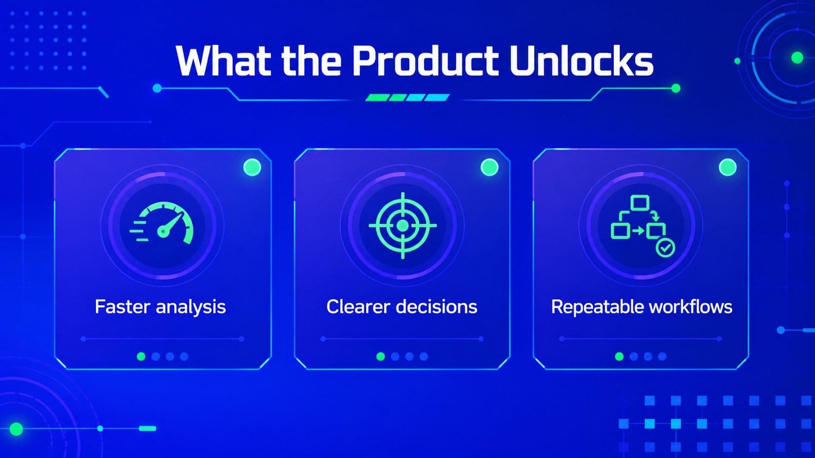 AI product feature overview slide displaying an editable technology interface and launch benefits.