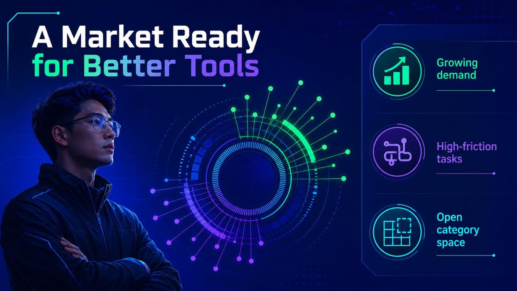 AI market opportunity slide with futuristic data points for a software launch presentation.