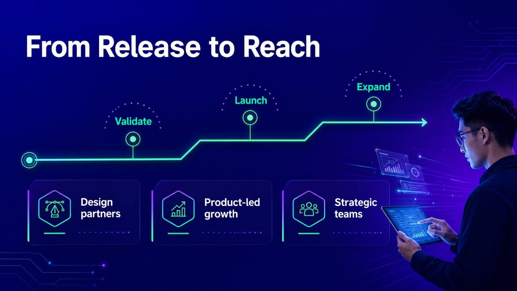 AI software go-to-market slide outlining launch phases, channels, and adoption milestones.