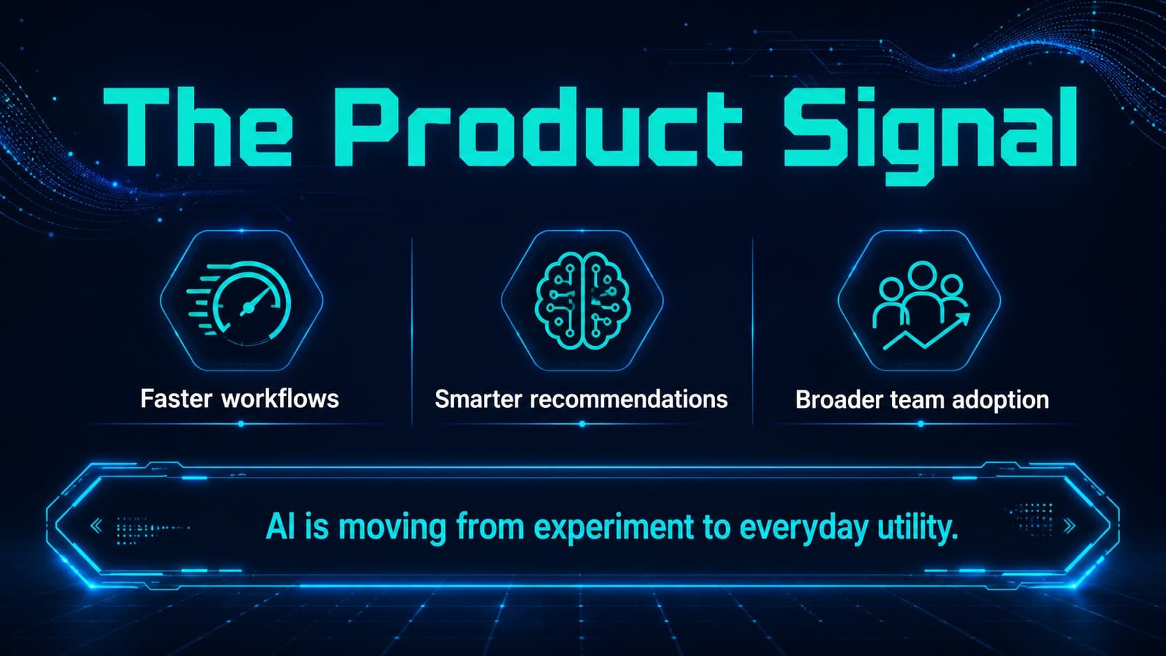 Executive summary slide presenting the main message of an AI product launch presentation.