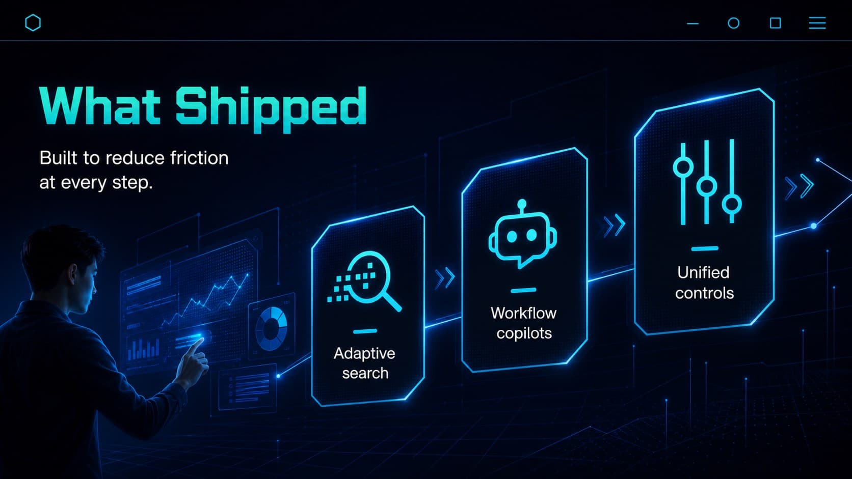 Feature release slide showing three software capabilities in a dark neon business presentation.