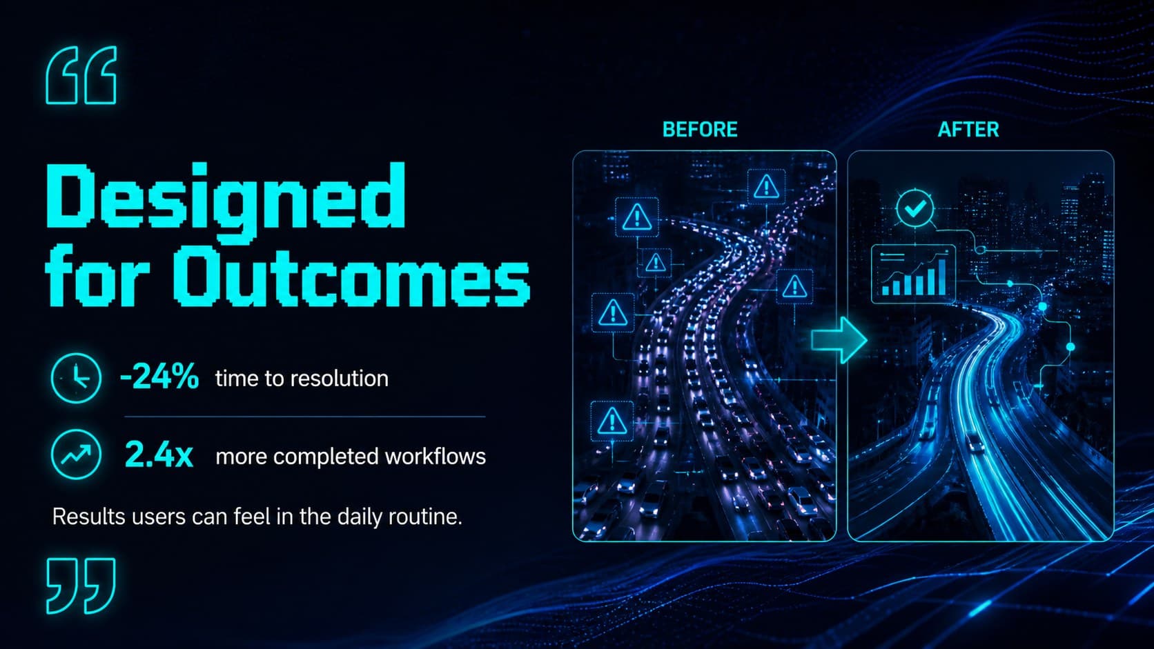 Customer outcomes slide highlighting measurable results in a software feature release deck.