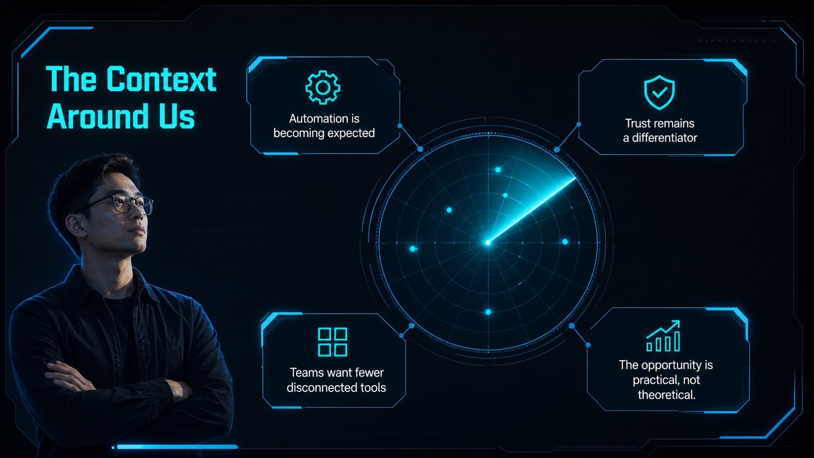Market context slide comparing industry signals in a dark neon technology roadmap briefing.