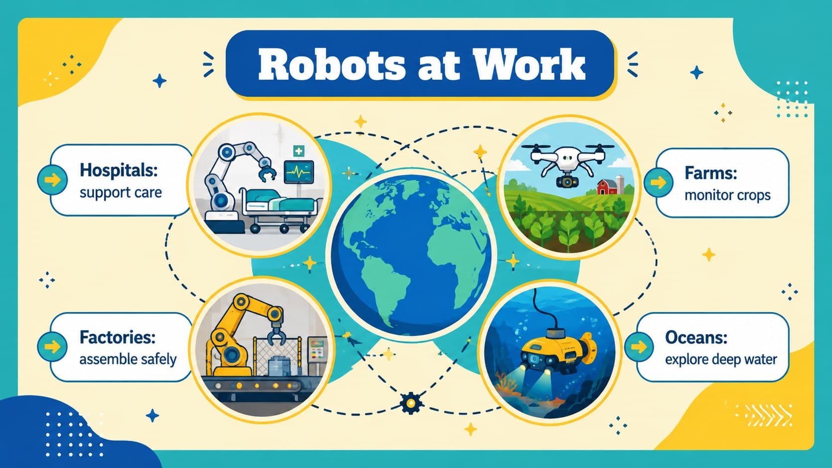 Colorful STEM technology teaching slide featuring real-world uses of robots in four industries.