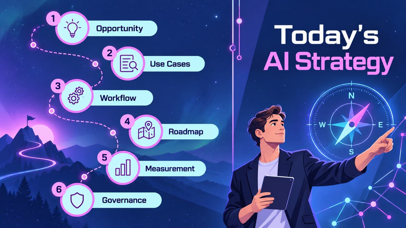 Futuristic agenda layout introducing the sections of a ChatGPT business presentation.