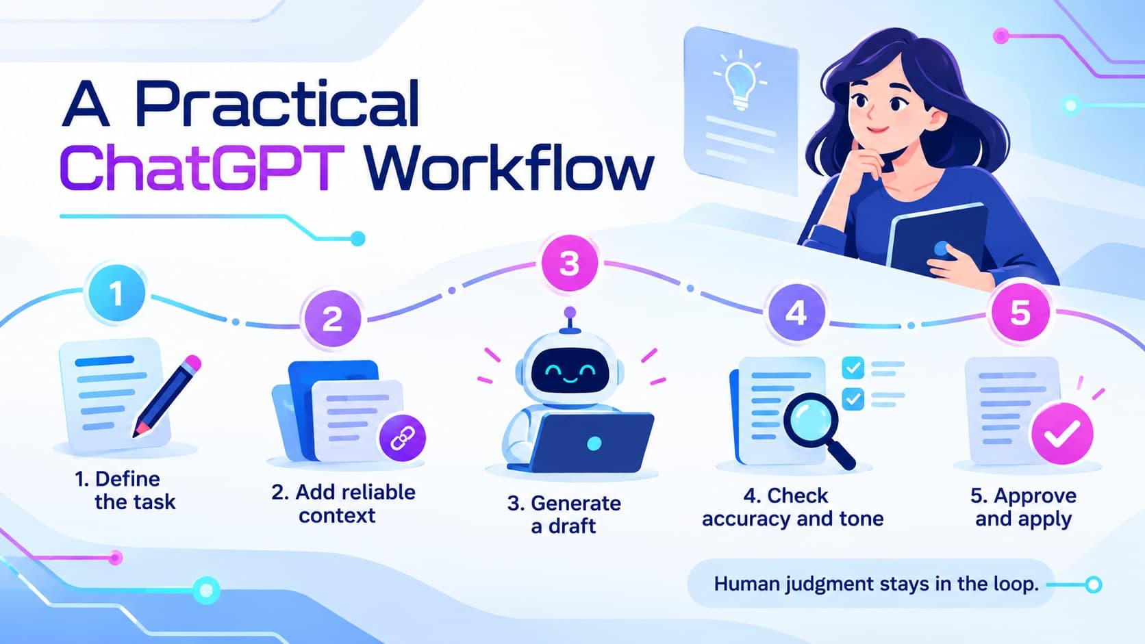 ChatGPT workflow presentation slide mapping a task from context through human approval.