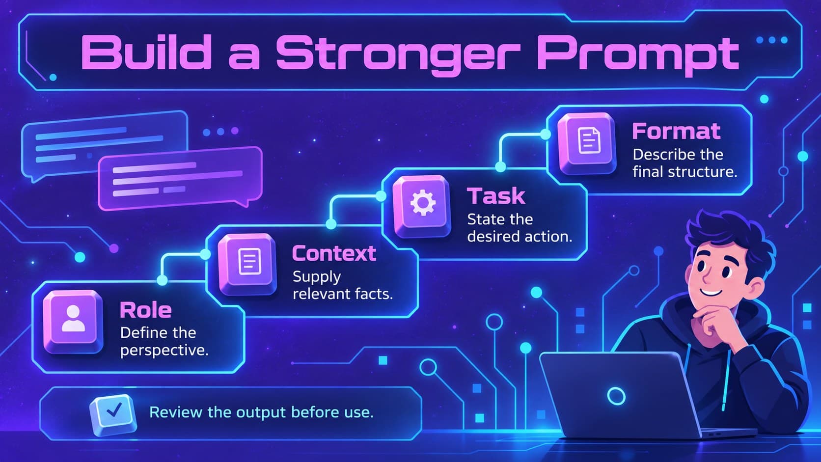Prompt engineering framework slide with role, context, task and format guidance.