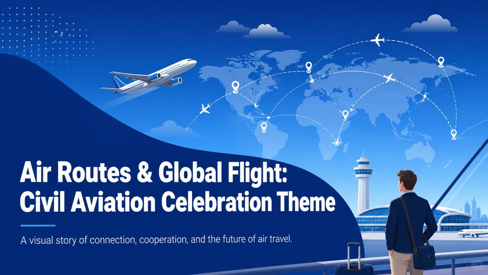 Cover slide for a civil aviation celebration theme featuring blue illustrated flight routes and a global air travel concept.