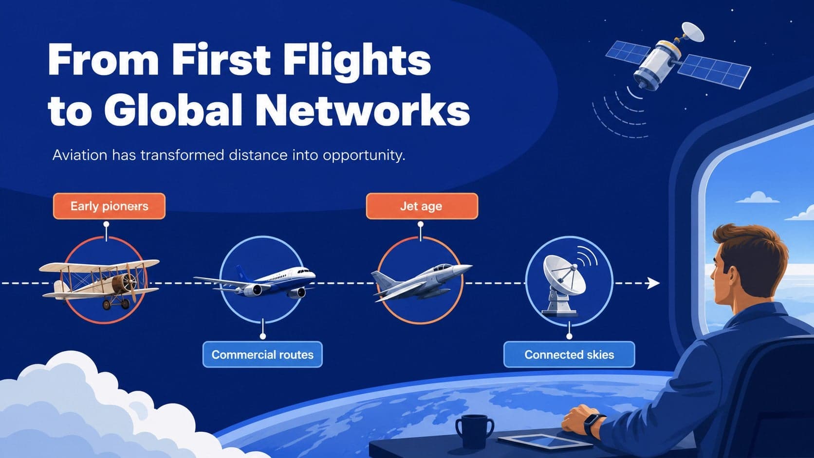Aviation history slide showing key milestones in the development of global flight.