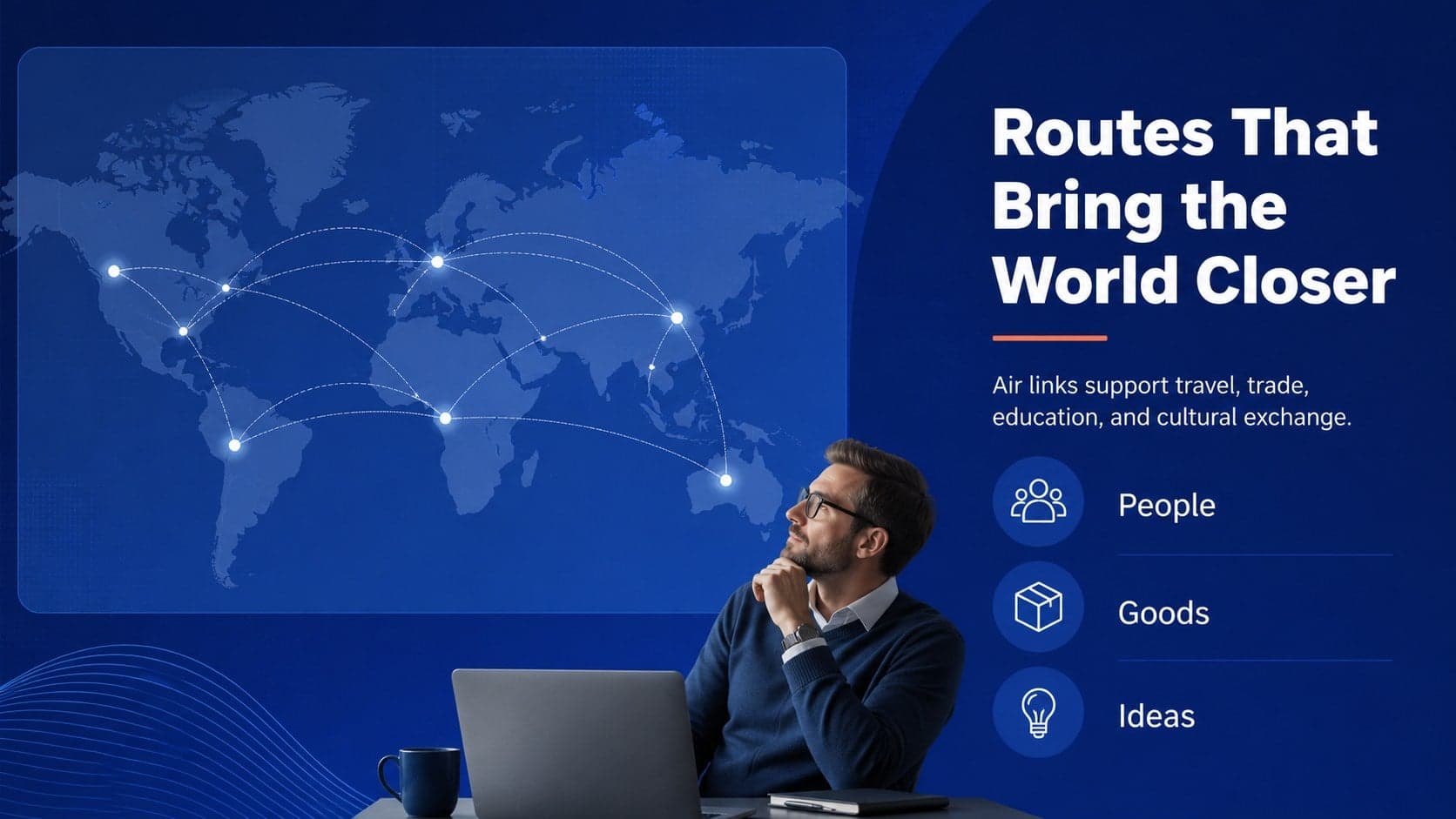 Global connections slide illustrating international air routes across a simplified world map.