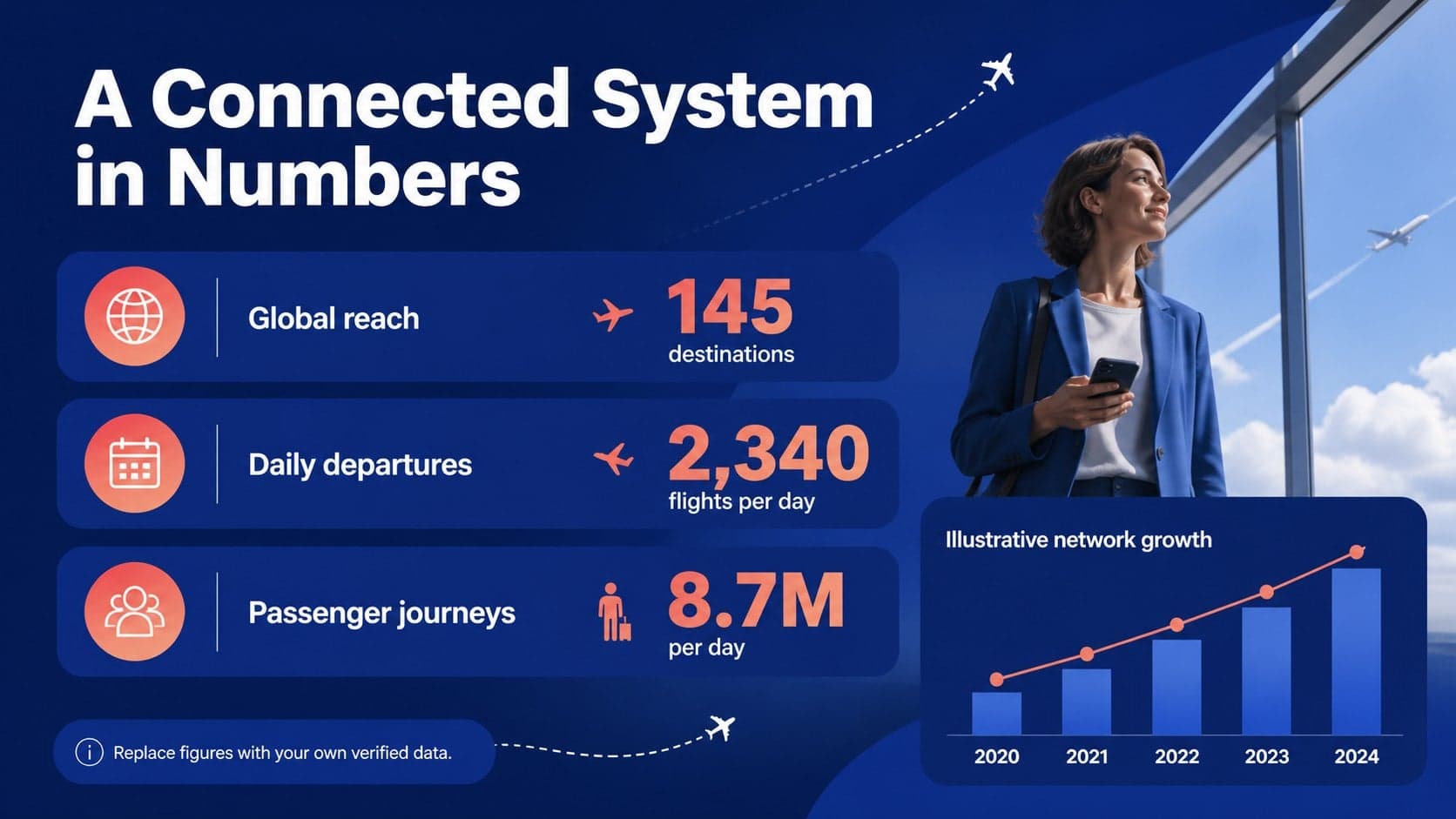 Aviation data slide presenting sample passenger and route indicators in a blue visual system.