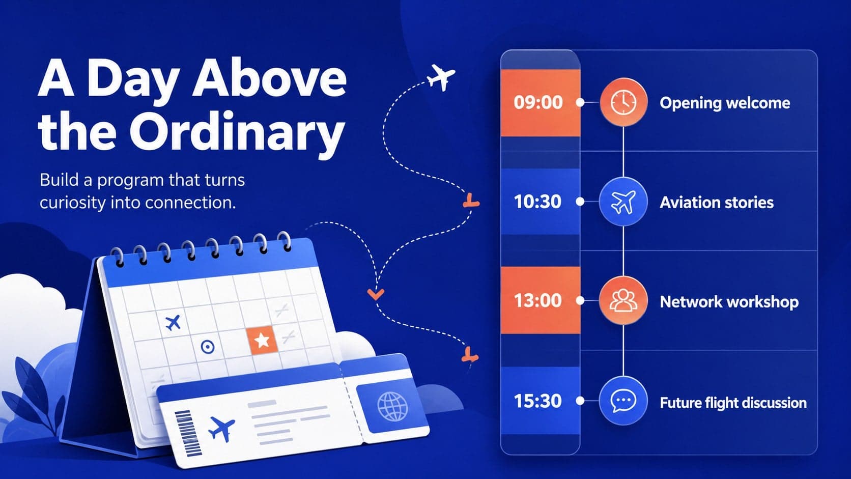 Event planning slide for an International Civil Aviation Day program with a blue illustrated schedule.