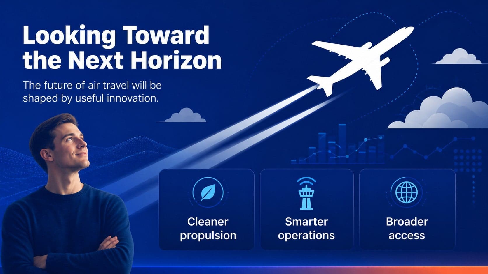 Future of air travel slide featuring sustainable aircraft concepts and emerging aviation ideas.