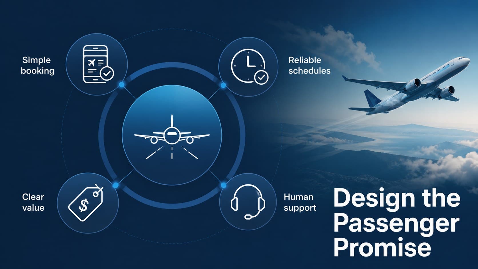 New airline business strategy slide explaining the service model with blue icons and concise text.