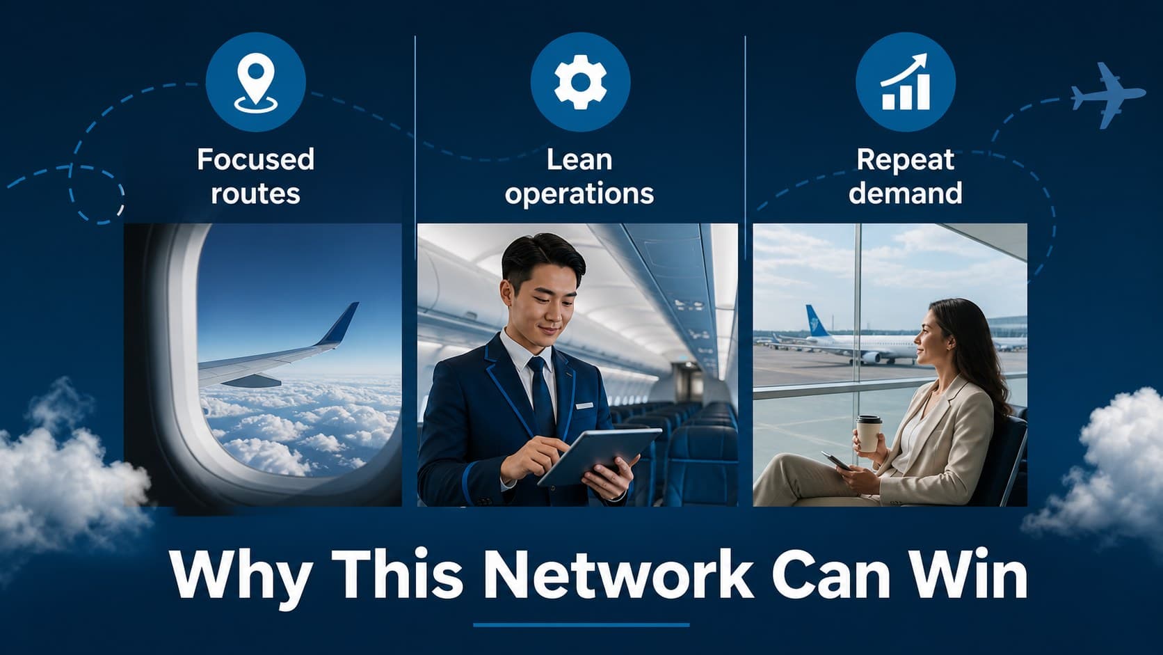 Airline investor pitch deck slide summarizing strategic advantages with blue comparison columns.
