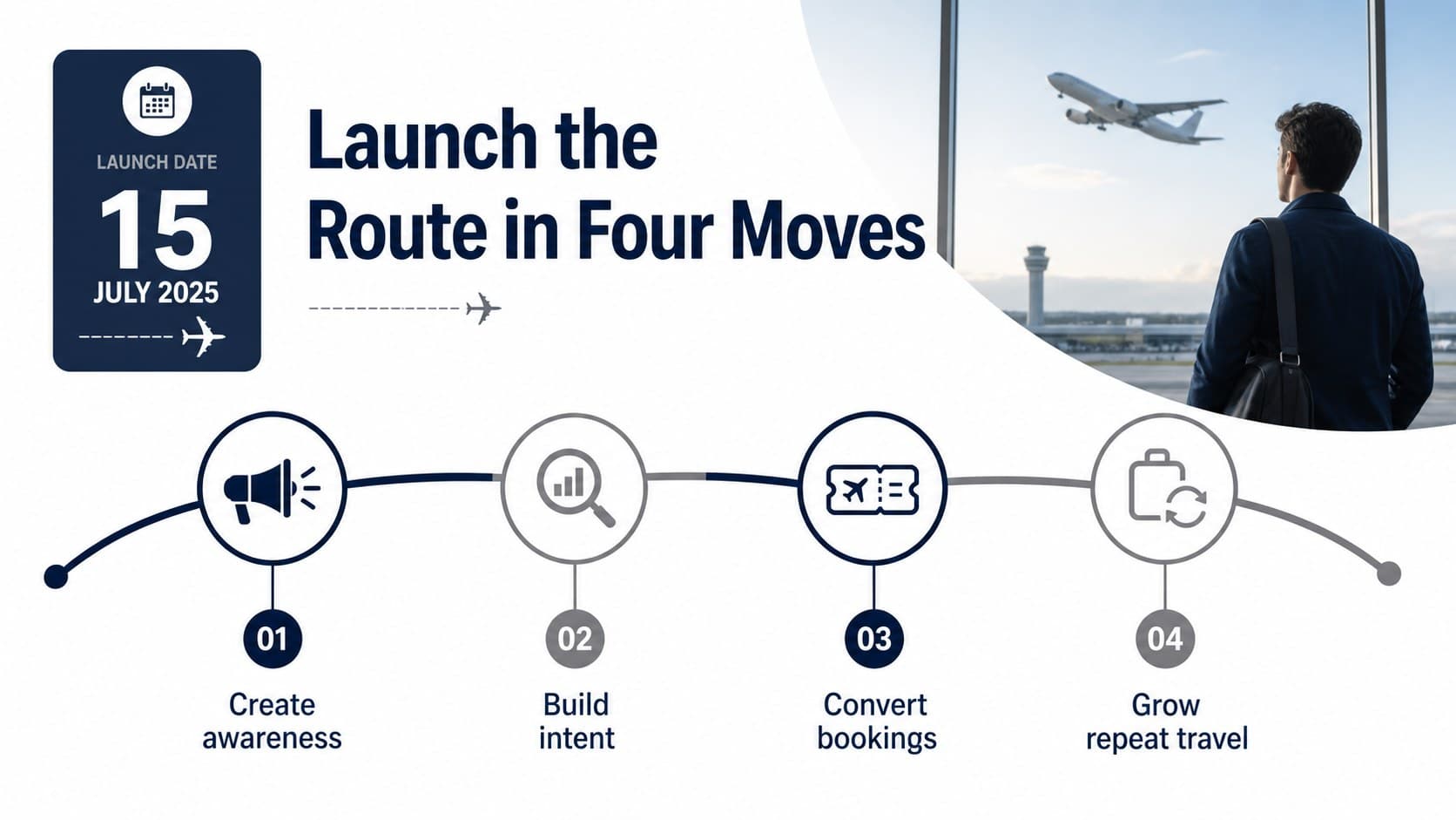 Airline route launch timeline showing campaign phases from awareness to booking.