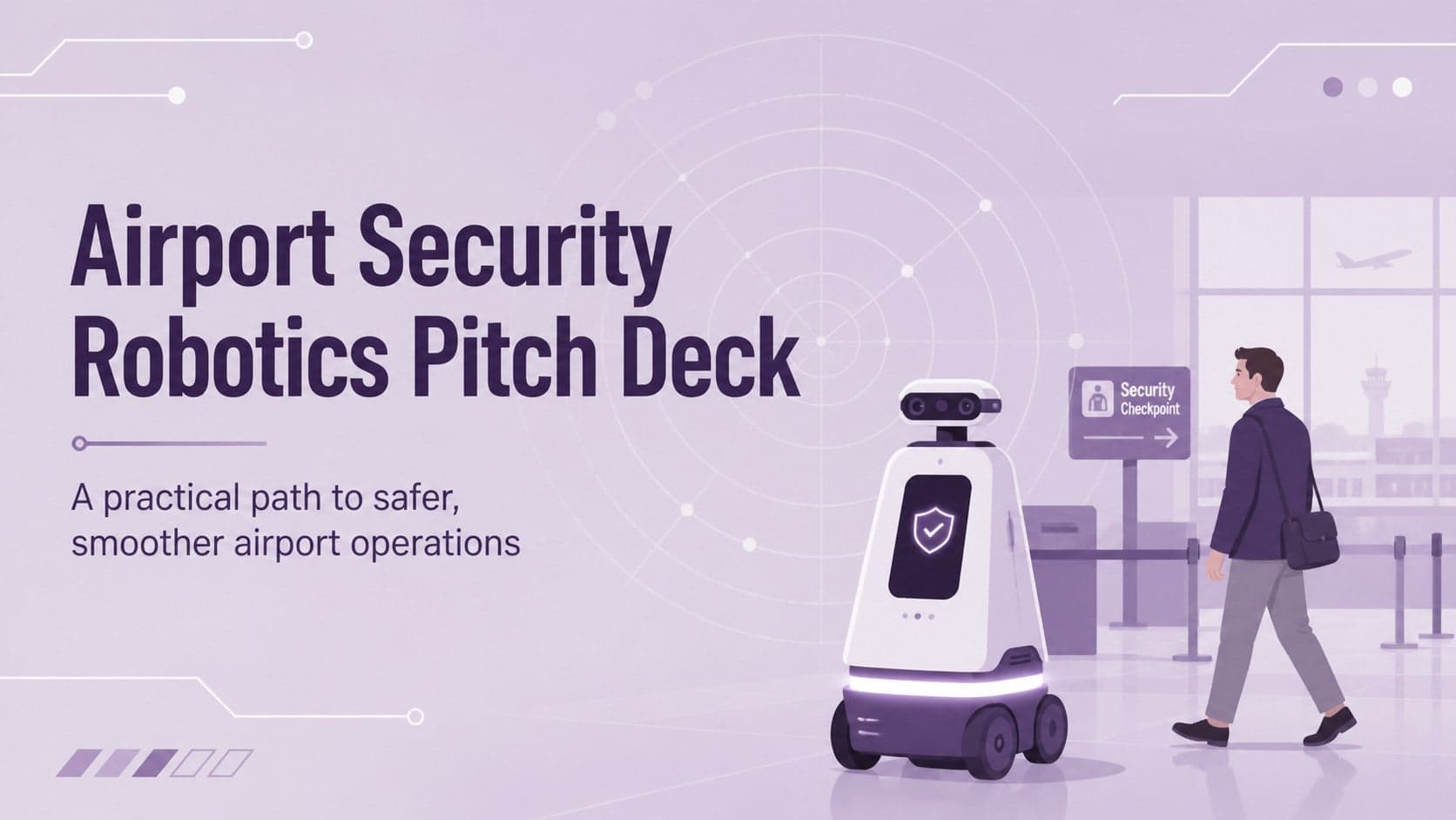 Cover slide for an airport security robotics pitch deck with a violet detection robot illustration.