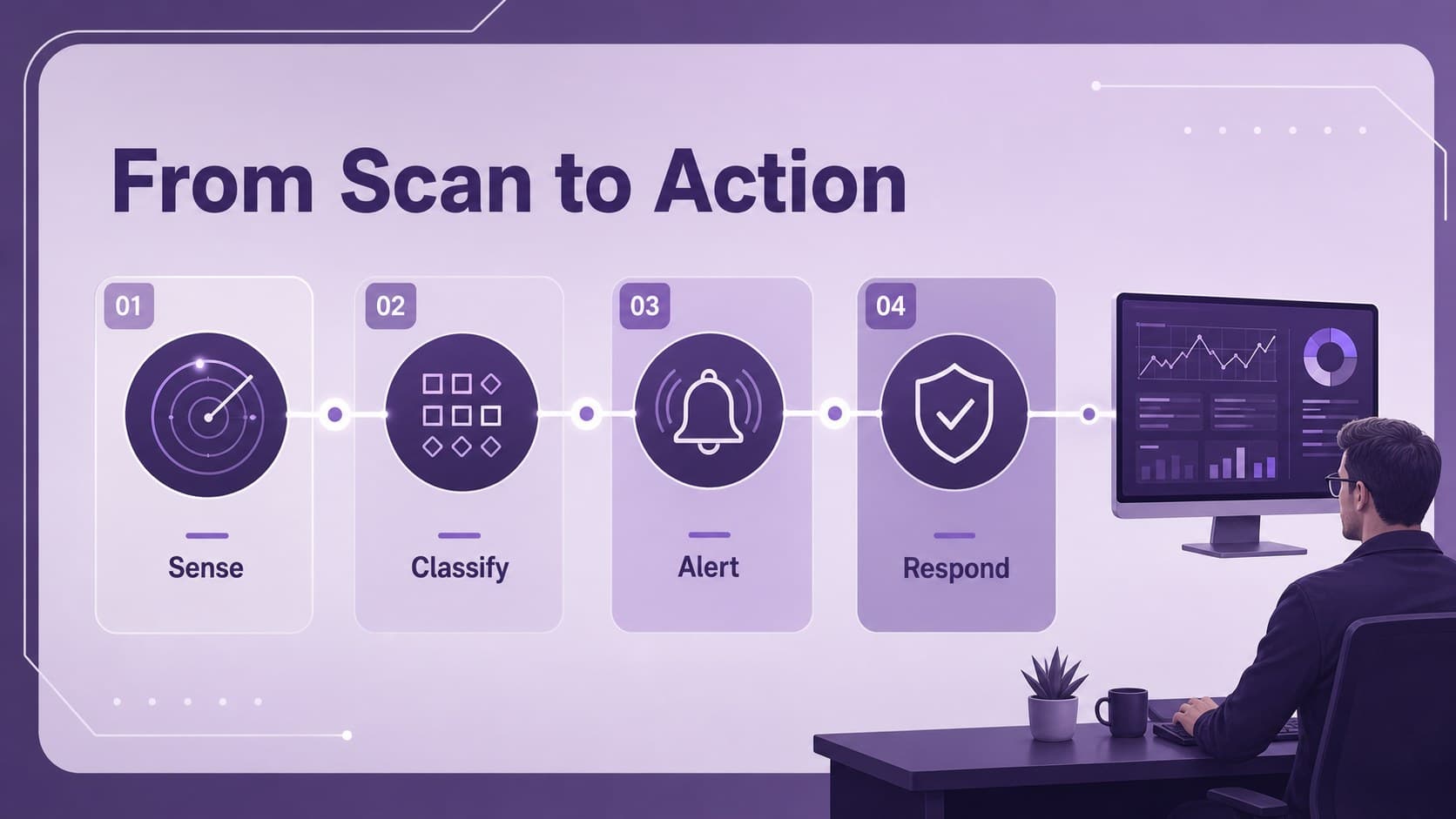 Detection workflow slide mapping how airport robotics identifies and reports threats.