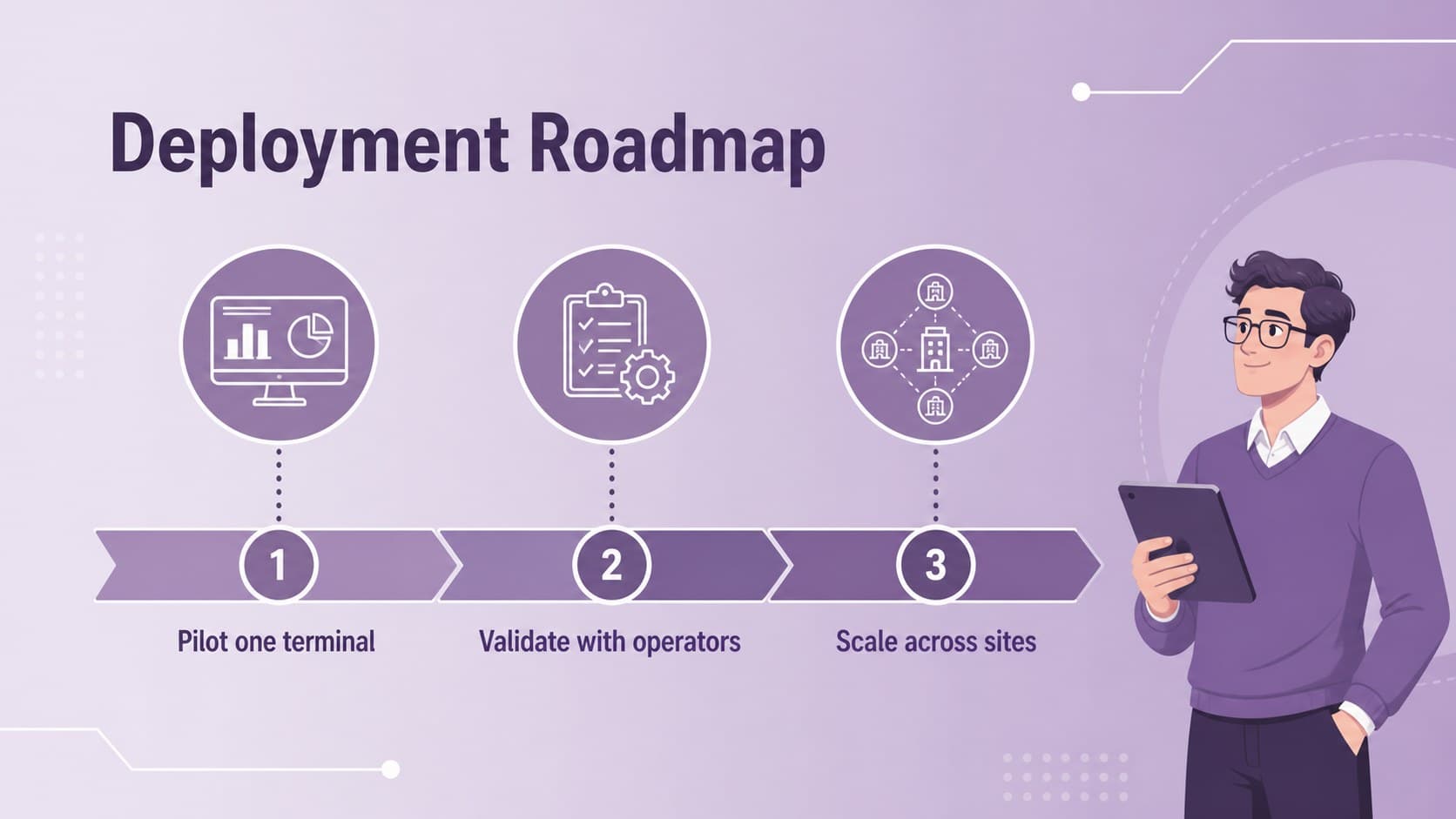 Implementation roadmap slide for deploying robotic screening across airport locations.