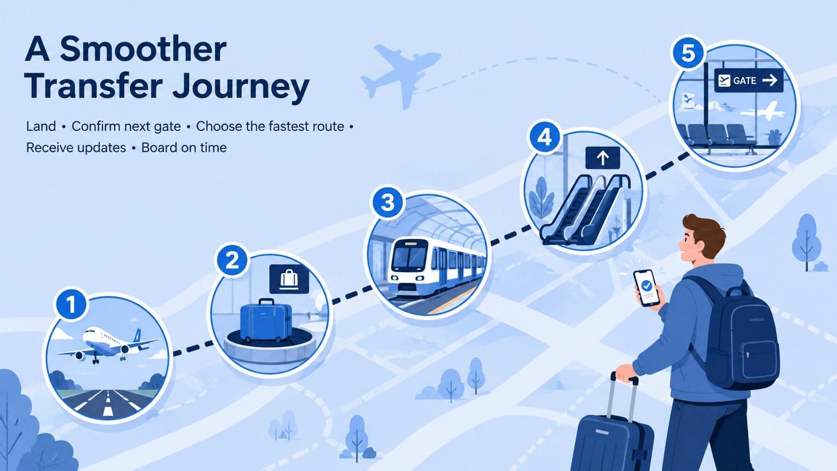 Passenger journey mapping presentation slide tracing a connecting traveler from landing to departure gate.
