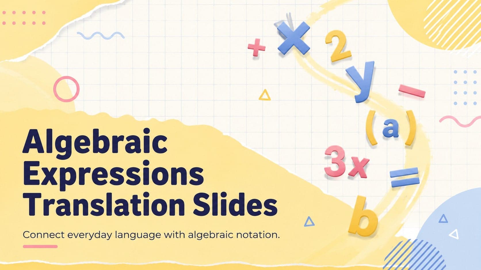 Yellow abstract cover for Algebraic Expressions Translation Slides with playful mathematical symbols.
